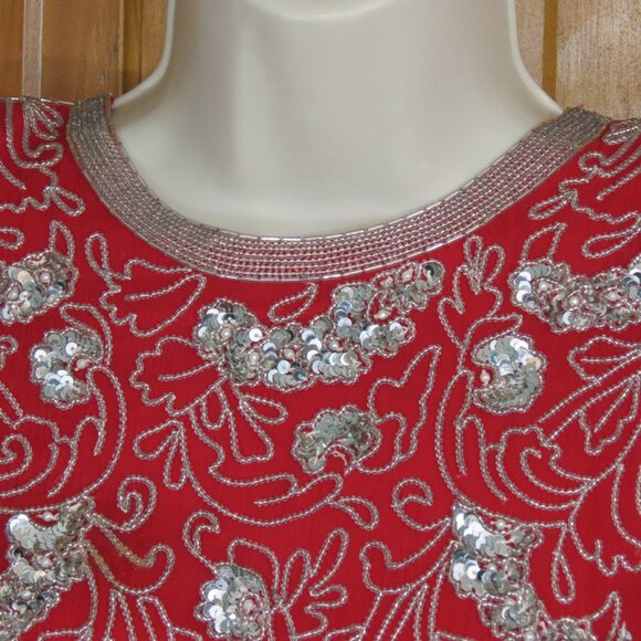 VTG Neiman Marcus Red Top Silver Sequins & Beading Silk Size Med Flaw - Picture 2 of 11